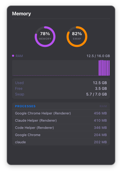 Memory panel showing RAM and swap usage rings with 60-sample history chart