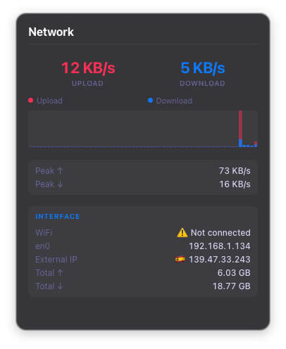 Network panel showing real-time upload and download speeds with peak stats
